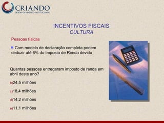 Pessoas físicas Com modelo de declaração completa podem deduzir até 6% do Imposto de Renda devido INCENTIVOS FISCAIS CULTURA Quantas pessoas entregaram imposto de renda em abril deste ano? 24,5 milhões 18,4 milhões 14,2 milhões 11,1 milhões 