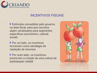Estímulos concedidos pelo governo, na área fiscal, para que recursos sejam canalizados para segmentos específicos (econômico, cultural, social) Por um lado, os incentivos funcionam como estratégia de captação de recursos Por outro lado, os incentivos promovem a criação de uma cultura de participação cidadã INCENTIVOS FISCAIS 