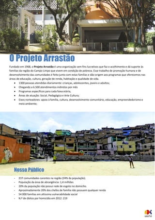 O Projeto Arrastão 
Fundado em 1968, o Projeto Arrastão é uma organização sem fins lucrativos que faz o acolhimento e dá suporte às famílias da região do Campo Limpo que vivem em condição de pobreza. Esse trabalho de promoção humana e de desenvolvimento das comunidades é feito junto com estas famílias e dão origem aos programas que oferecemos nas áreas de educação, cultura, geração de renda, habitação e qualidade de vida. 
 1300 pessoas atendidas diariamente: crianças, adolescentes, jovens e adultos; 
 Chegando a 6.500 atendimentos indiretos por mês 
 Programas específicos para cada faixa etária; 
 Áreas de atuação: Social, Pedagógica e Arte Cultura; 
 Eixos norteadores: apoio à família, cultura, desenvolvimento comunitário, educação, empreendedorismo e meio ambiente; 
Nosso Público 
- 237 comunidades carentes na região (24% da população). 
- População da área de abrangência: 1,4 milhões 
- 20% da população não possui rede de esgoto no domicílio. 
- Aproximadamente 20% dos chefes de família não possuem qualquer renda 
- 54.000 famílias em altíssima vulnerabilidade social 
- N.º de óbitos por homicídio em 2012: 219 
 