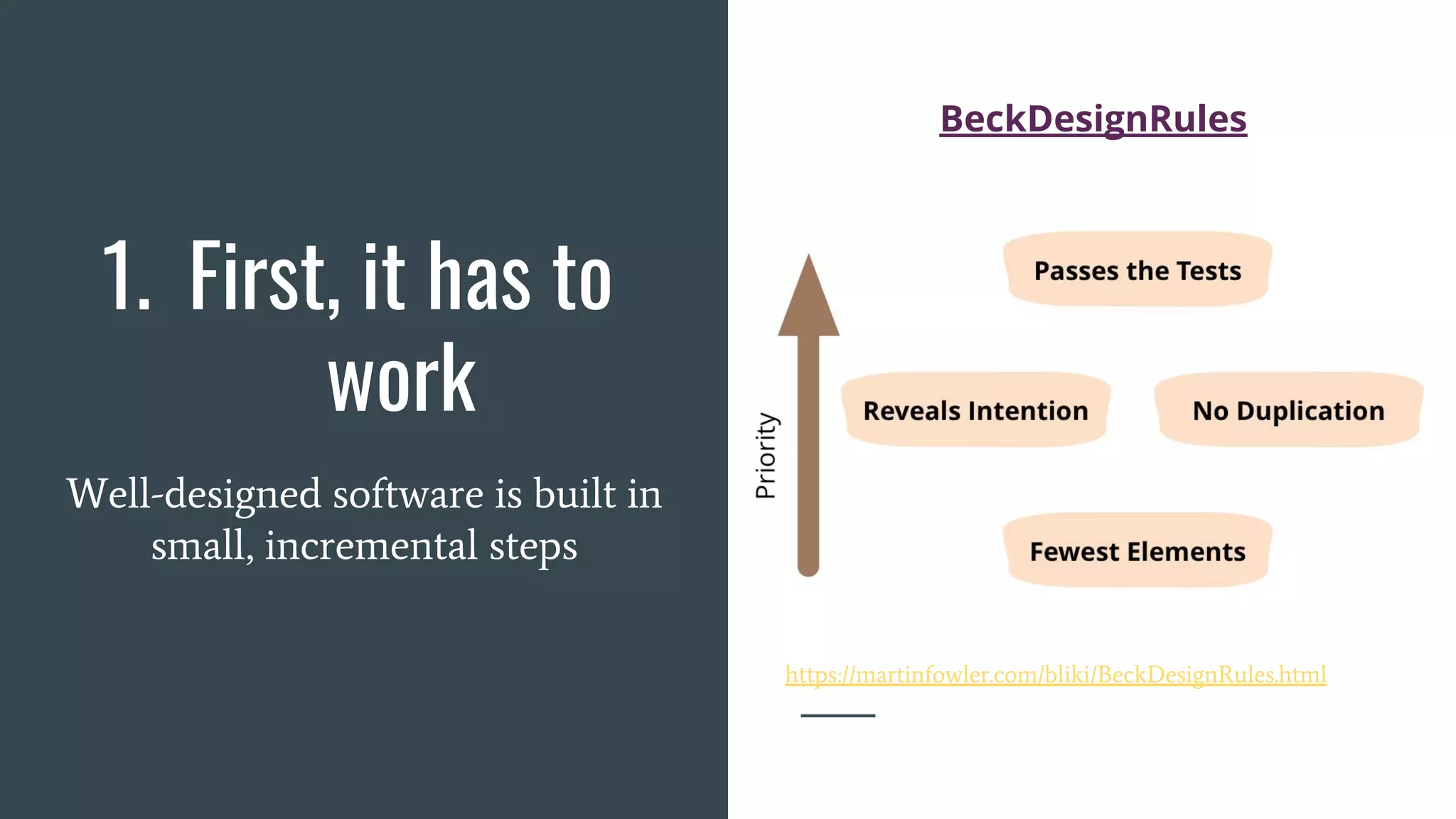 1. First, it has to
work
Well-designed software is built in
small, incremental steps
BeckDesignRules
https://martinfowler.com/bliki/BeckDesignRules.html
 