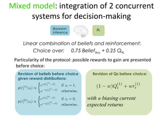 Mixed model: integration of 2 concurrent 
systems for decision-making 
Bayesian RL 
inference 
Linear combination of beliefs and reinforcement: 
Choice over: 0.75 BeliefBay + 0.25 QRL 
Particularity of the protocol: possible rewards to gain are presented 
before choice: 
Revision of beliefs before choice 
given reward distributions: 
Revision of Qs before choice: 
with w biasing current 
expected returns 
