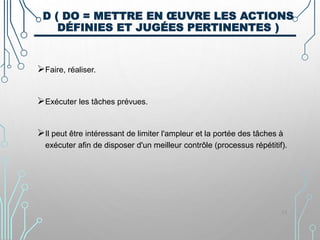 D ( DO = METTRE EN ŒUVRE LES ACTIONS
DÉFINIES ET JUGÉES PERTINENTES )
Faire, réaliser.
Exécuter les tâches prévues.
Il peut être intéressant de limiter l'ampleur et la portée des tâches à
exécuter afin de disposer d'un meilleur contrôle (processus répétitif).
13
 