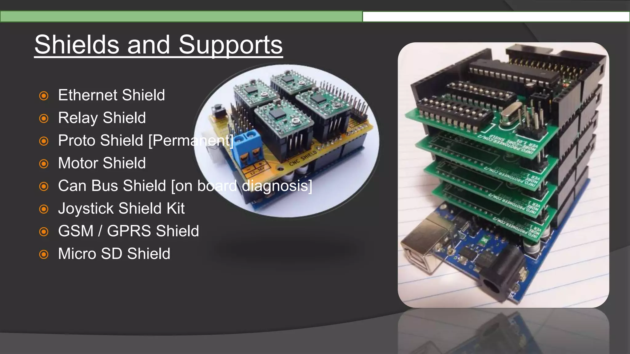 Shields and Supports
 Ethernet Shield
 Relay Shield
 Proto Shield [Permanent]
 Motor Shield
 Can Bus Shield [on board diagnosis]
 Joystick Shield Kit
 GSM / GPRS Shield
 Micro SD Shield
 