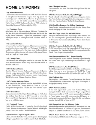 HOME UNIFORMS
1890 Boston Beaneaters
Later known as the Boston Braves, the 1890 Beaneaters finished
in fifth place in the National League. Their top player was
Cambridge native John Clarkson, who won 26 games that year
and went on to win 328 for his career. He was inducted into
Hall of Fame in 1963. Clarkson, who died in 1909, is buried in
Cambridge Cemetery. Uniform added in 2009.
1914 Providence Grays
After being sold by the minor-league Baltimore Orioles to the
Red Sox, a 19-year-old named Babe Ruth was sent by the Sox
to play for the Providence Grays of the International League,
helping the Grays to a first-place finish. Uniform added in
2009.
1915 Cleveland Indians
In honor of the late Ray Chapman. Chapman was one of the
great-fielding shorts-stops of his era. On August 16, 1920, he
was hit by a pitch thrown by Carl Mays of the Yankees and died
the next day, making him the only player in big-league history
to die as a result of a game injury.
1918 Chicago Cubs
Had the distinction of being the last team to lose to the Red Sox
in the World Series until the Sox swept the St. Louis Cardinals in
the 2004 Fall Classic.
1920’s Bacharach Giants
Based in Atlantic City, the Bacharach Giants won the Eastern
Colored League pennant in 1926 and 1927, led by player-
manager Dick Lundy. In both cases they lost the Negro League
World Series to the Chicago American Giants.
1920’s Chicago American Giants
Rube Foster, who was inducted into the Baseball Hall of Fame
in 1981, founded the Chicago American Giants in 1911 and
managed it through 1926. The club was active into the 1950s.
1920’s Detroit Stars
A charter member of the Negro National league in 1920, their
star catcher, Bruce Petway, in 1910 was said to have twice
thrown out Detroit Tigers great Ty Cobb trying to steal second
base in an exhibition game.
1921 Pittsburgh Pirates
Pitcher Wilbur Cooper won 22 games for the 1921 Pittsburgh
Pirates. Also on the roster were Possum Whitted, Kiki Cuyler,
Johnny Gooch and pitcher Chief Yellowhorse.
1930s Homestead Grays, No. 3 Josh Gibson
Gibson, who is in the Hall of Fame, was the greatest offensive player
in Negro League history and was known as the Black Babe Ruth.
1932 Chicago White Sox
Great uniform, bad team. The 1932 Chicago White Sox lost
102 games.
1933 San Francisco Seals, No. 10 Joe DiMaggio
Nearly a decade before hitting in 56 consecutive games for the
New York Yankees, DiMaggio hit in 66 straight games with the
1933 San Francisco Seals of the Pacific Coast League.
1936 Brooklyn Dodgers, No. 26 Fred Frankhouse
Casey Stengel managed this team, and then the Boston Bees,
before managing the New York Yankees.
1937 San Diego Padres, No. 19 Ted Williams
Two years before he made his major-league debut with the Red
Sox, the future Splendid Splinter socked 23 homers and drove
in 98 runs for the hometown San Diego Padres of the Pacific
Coast League.
1938 San Francisco Seals, No. 36 Lefty O’Doul
A .349 career hitter in the big leagues, Lefty O’Doul went on
to manage the San Francisco Seals for 17 seasons, winning five
Pacific Coast League championships.
1939 Baltimore Orioles, No. 7 Rogers Hornsby
One of the greatest second basemen in history, Rogers Hornsby,
also known as the Rajah, later managed the International League
Orioles.
1939 Boston Red Sox, No. 9 Ted Williams
Ted Williams patrolled left field for the Red Sox for 19 seasons,
taking time out to serve his country in World War II and
Korea. He’s the last man to hit .400 with a .406 mark in 1941.
1939 Oakland Oaks
Six years later, a kid from the Oakland area would play for the
Oakland Oaks on his way to the big leagues. Wearing no. 6,
that player was Billy Martin.
1940’s New York Cubans
It has been argued that Cuban-born Martin Dihigo, who
managed the New York Cubans to the Negro League World
Series championship in 1947, was the greatest all-around player
in Negro League history. He won more than 260 games as a
pitcher and consistently hit better than .300. He was inducted
into the Baseball Hall of Fame in 1977.
1942 Boston Red Sox, No. 6 Johnny Pesky
Johnny Pesky’s name is synonymous with the Boston Red Sox,
for whom he worked in a variety of capacities for more than
60 years. A .308 life-time hitter, he had three 200-hit seasons.
1944 St. Louis Browns, No. 5 Vern Stephens
Vern Stephens, 109 RBIs led the American League in 1944.
 