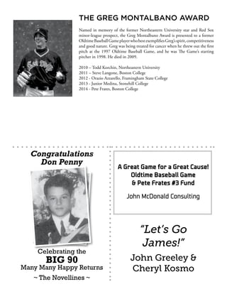 Named in memory of the former Northeastern University star and Red Sox
minor-league prospect, the Greg Montalbano Award is presented to a former
OldtimeBaseballGameplayerwhobestexemplifiesGreg’sspirit,competitiveness
and good nature. Greg was being treated for cancer when he threw out the first
pitch at the 1997 Oldtime Baseball Game, and he was The Game’s starting
pitcher in 1998. He died in 2009.
2010 – Todd Korchin, Northeastern University
2011 – Steve Langone, Boston College
2012 - Orazio Azzarello, Framingham State College
2013 - Junior Medina, Stonehill College
2014 - Pete Frates, Boston College
THE GREG MONTALBANO AWARD
Celebrating the
BIG 90
Many Many Happy Returns
~ The Novellines ~
Congratulations
Don Penny
A Great Game for a Great Cause!
Oldtime Baseball Game
& Pete Frates #3 Fund
John McDonald Consulting
“Let’s Go
James!”
John Greeley &
Cheryl Kosmo
 