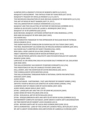 GLIMPSES INTO A PRODIGY'S PSYCHE BY ROBERTA SMITH (4/3/2015)
BASQUIAT'S DEFACEMENT: THE UNTOLD STORY BY TIANA REID (OCT 2019)
BASQUIAT'S TRAGEDY BY DOUGLAS MURRAY (12/31/2017)
THE BOUNDLESS IMAGINATION OF JEAN-MICHAEL BASQUIAT BY HERB BOYD (4/21/22)
THE ART OF NOISE BY MATT BARKER (SEPT 29, 2017)
THE COLLABORATION BY CHARLES ISHERWOOD (122/23/22)
BASQUIAT AND THE COLLECTING OF HISTORY BY BOB NICKAS (SUMMER 2015)
SAMO@ AS AN ESCAPE CLAUSE BY LAURIE A. RODRIQUES (MAY 2011)
BASQUIAT AT 50 BY JENNIFER JAZZ (2010)
JEAN-MICHAEL BASQUIAT, OUTSIDER SUPERSTAR BY CORA MARSHALL (1999)
BEN OKRI ON BASQUIAT BY BEN OKRI (MAY 2005)
SALVADOR DALI
AN ALTERNATIVE PARADIGM TO THE OPPRESSION OF NUCLEAR WAR BY PATRICIA
FRISCH (MARCH 2014)
THE GRAND MASTR OF SURREALISM SLVADOR DALI BY USA TODAY (MAY 2005)
THE MAD, MAGNIFICENT SALVADOR DALI BY MELISSA BURDICK HARMON (JAN 2001)
SALVADOR DALI'S LOBSTERS BY NANCY FRAZIER (FALL 2009)
NEW SKIN, A NEW LAND BY JULIA PINE (SPRING 2008)
OBJECT ORIENTED SURREALISM BY ROGER ROTHMAN (JULY 2016)
THE LINK BETWEEN ARTISTIC CREATIVITY AND PSYCHOPATHOLOGY BY CAROLINE
MURPHY (JUNE 2009)
LANGUAGE AS AN UNDELYING IDEA IN SALVADOR DALI'S WORKS BY O.B. ZASLAUSKII
(JAN-MAR 2005)
THE HALLUCINOGENIC SALVADOR BY STANFORD SCHWARTZ (10/1/94)
THE PERSISTENCE OF DALI BY CHARLES STUCKEY (MAR 2005)
DALI, DISNEY, AND THE DIONYSIAN BY JUSTIN MUCHNICK (DEC 2017)
TINY SURREALISM BY EFFIE RENTZOU (2018)
THE HALLUCINOGENIC TOREADOR FROM US NATIONAL CENTR FOR INFECTIOUS
DISEASES (SEPT 2000)
AGNES DENES
JSTOR DATABASE: EARTHWORKS: PAST AND PRESENT BY ROBERT HOBBS (1982)
ARTISTIC VISION & MOLECULAR GENETICS BY AGNES DENES (SPRING 1996)
A BUMPER CROP OF URBAN CORN BY DAVID EBONG (NOV 2005)
AGNES DENES, BRIAN SHOLIS (MAY 2007)
JSTOR: LANDSCAPE ART AND THE CITY BY JOHN MCLAUGHLIN (2009)
AGNES DENES BY NICK STILLMAN (FEB 2010)
JSTOR: ECOLOGICAL ART BY RUTH WALLEN (2012)
JSTOR: DISEQUILIBRIUM IN ARTS AND ARTS ED BY KEVIN SLIVKA (SUMMER 2012)
ENVIRONMENT COMPLETE DATABASE: (HOW GREEN IS EARTH ART?) REGENERATION
ON TREE MOUNTAIN BY ROBERT LOUIS CHIANESE (2013)
JSTOR: BEYOND EARTH ART BY ALICIA INEZ GUZMAN (MAY/JUNE 2014)
ARTS & HUMANITIES: LAND OF THE LIVING BY LAUREN O'NEILL BUTLER (OCT 2019)
MY ART IS ABOUT OVERCOMING OUR LIMITATIONS BY GABRIELLE SCHWARZ (SEPT
 