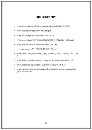 BIBLIOGRAPHY
• www.ccsenet.org/journal/index.php/ass/article/download/20767/13589
• www.escholarship.org/uc/item/49n325b7.pdf
• www.ijit.com/wp-content/uploads/2013/07/45.pdf
• www.ro.uow.edu.au/cgi/viewcontent.cgi?article=1169&context=dubaipapers
• www.sibm.edu/FacultyResearch/pdf/setu27_part2.pdf
• www.ipcsit.com/vol5/117-ICCCM2011-C20008.pdf
• www.ijbssnet.com/journals/Vol_2_No_23_Special_Issue_December_2011/32.pd
f
• www.abhinavjournal.com/images/Commerce_&_Management/Sep12/9.pdf
• www.iosrjournals.org/iosr-jbm/papers/Vol5-issue2/F0523646.pdf
• www.greenmarketing.com/articles/complete/focus-on-values-drives-growth-in-
green-consumerism/
56
 