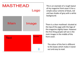 This is an example of a rough layout
of my magazine front cover it has a
simple colour scheme of black, red
and two shades of grey with a white
background.



There is a clear masthead situated at
the top of the page with the logo of
the magazine slightly lower. However
the first thing people will see is the
main images in the middle of the
front cover.


  The colour of the font is different
  to the boxes which makes it stand
  out and easy to read.
 