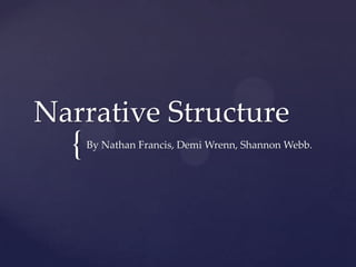 Narrative Structure

{

By Nathan Francis, Demi Wrenn, Shannon Webb.

 