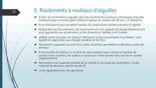 E. Roulements à rouleaux d'aiguilles
 En fait, les roulements à aiguilles sont des roulements à rouleaux cylindriques avec des
rouleaux longs et minces (selon OIN,la longueur du rouleau est de min. 2.5 diamètre)
 Ils se distinguent par une petite hauteur de construction, hautes précision et rigidité
 Malgré leur section inférieure, les roulements ont une capacité de charge élevée et sont
ainsi appropriés aux ajustements où les dimensions radiales sont limitées
 Utilisez avant tout pour les vitesses inférieures ou les mouvements d'oscillation; sont
également appropriés aux charges variables et de choc
 Ne peuvent supporter aucune force axiale, toutefois, permettent la déviation axiale des
anneaux
 Il est possible d'omettre un ou tous les deux anneaux pour réduire la hauteur de
construction; toutefois, les surfaces d'assise sur l'arbre doivent être durcies et usinées
soigneusement
 Nécessitent une coaxialité parfaite de la cheville et du corps du roulements, l'angle
maximal de déviation permis est de 34'
 Livrés également avec des garnitures
15
 