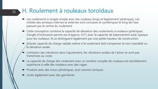 H. Roulement à rouleaux toroïdaux
 Les roulements à rangée simple avec des rouleaux longs et légèrement sphériques; Les
orbites des anneaux internes et externes sont concaves et symétriques le long de l'axe
passant par le centre du roulement
 Cette conception combine la capacité de déviation des roulements à rouleaux sphériques
(l'angle d'inclinaison permis est d'approx. 0.5°) avec la capacité de balancement axial, typique
pour les rouleaux; ils se distinguent également par une petite hauteur de construction
 Grande capacité de charge radiale même si le roulement doit compenser la non coaxialité ou
la déviation axiale
 Limitation des vibrations dans l'ajustement; les vibrations axiales de l'arbre ne sont pas
transmises au corps
 La capacité de charge des roulement avec un nombre complet de rouleaux est sensiblement
supérieure à celle des rouleaux avec des cages
 Produits avec des trous cylindriques, tout comme coniques
 Livrés également avec des garnitures
21
 