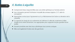 K. Butées à aiguilles
 Comprennent deux rangs de billes avec une orbite sphérique sur l'anneau externe
 Leur conception permet l'inclinaison mutuelle des anneaux (approx. 2-3°, selon la
conception)
 Appropriées surtout pour l'ajustement où il y a fléchissement de l'arbre ou déviation de la
coaxialité
 La capacité de charge de ces roulements est inférieure à celle des roulements à billes
simples de la même dimension; non appropriées pour supporter de plus grandes forces
axiales
 Souvent produites avec des trous cylindriques tout comme coniques
 Elles sont également livrées avec des garnitures
23
 