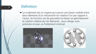 Definition
 Le roulement est un organe qui assure une liaison mobile entre
deux éléments d'un mécanisme en rotation l'un par rapport à
l'autre. Sa fonction est de permettre la liaison et généralement
la rotation relative de ces éléments , sous charge, avec
précision et avec un frottement minimal.
4
 