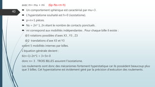 avec m= mu + mi (6p-Ns=m-h)
 Un comportement sphérique est caractérisé par mu=3 .
 L'hyperstatisme souhaité est h=0 (isostatisme).
 p=n+1 pièces.
 Ns = 2n* 1, 2n étant le nombre de contacts ponctuels .
 mi correspond aux mobilités indépendantes . Pour chaque bille il existe :
@3 rotations possibles d'axes X3 , Y3 , Z3
@2 translations d'axe X3 et Y3
soient 5 mobilités internes par billes.
L'équation générale devient :
6(n+1)-2n*1 = 3+5n-0
donc n= 3 . TROIS BILLES assurent l'isostatisme.
Les roulements sont donc des mécanismes fortement hyperstatique car ils possèdent beaucoup plus
que 3 billes. Cet hyperstatisme est évidement géré par la précision d'exécution des roulements.
40
 