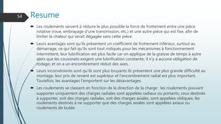 Resume
 Les roulements servent à réduire le plus possible la force de frottement entre une pièce
rotative (roue, embrayage d’une transmission, etc.) et une autre pièce qui est fixe, afin de
limiter la chaleur qui serait dégagée sans cette pièce.
 Leurs avantages sont qu’ils présentent un coefficient de frottement inférieur, surtout au
démarrage, ce qui fait qu’ils sont tout indiqués pour les mécanismes à fonctionnement
intermittent; leur lubrification est plus facile car on applique de la graisse de temps à autre
alors que les coussinets exigent une lubrification constante; il n’y a aucune obligation de
rodage; et on a un encombrement réduit des axes.
 Leurs inconvénients sont qu’ils sont plus bruyants ils présentent une plus grande difficulté au
montage, leur prix de revient est supérieur et l’encombrement radial est plus important.
Toutefois, les avantages l’emportent sur les désavantages.
 Les roulements se classent en fonction de la direction de la charge : les roulements pouvant
supporter uniquement des charges radiales sont appelées radiaux ou portants; ceux destinés
à supporter, soit des charges radiales, soit des charges axiales, sont appelées obliques; les
roulements destinés à ne supporter que des charges axiales sont appelées axiaux ou
roulements de butée.
54
 