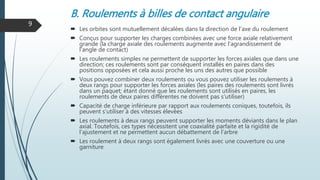 B. Roulements à billes de contact angulaire
 Les orbites sont mutuellement décalées dans la direction de l'axe du roulement
 Conçus pour supporter les charges combinées avec une force axiale relativement
grande (la charge axiale des roulements augmente avec l'agrandissement de
l'angle de contact)
 Les roulements simples ne permettent de supporter les forces axiales que dans une
direction; ces roulements sont par conséquent installés en paires dans des
positions opposées et cela aussi proche les uns des autres que possible
 Vous pouvez combiner deux roulements ou vous pouvez utiliser les roulements à
deux rangs pour supporter les forces axiales (les paires des roulements sont livrés
dans un paquet; étant donné que les roulements sont utilisés en paires, les
roulements de deux paires différentes ne doivent pas s'utiliser)
 Capacité de charge inférieure par rapport aux roulements coniques, toutefois, ils
peuvent s'utiliser à des vitesses élevées
 Les roulements à deux rangs peuvent supporter les moments déviants dans le plan
axial. Toutefois, ces types nécessitent une coaxialité parfaite et la rigidité de
l'ajustement et ne permettent aucun débattement de l'arbre
 Les roulement à deux rangs sont également livrés avec une couverture ou une
garniture
9
 