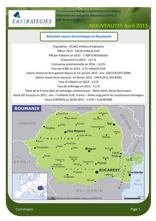 Eastrategies Page 1
Actualité macro-économique en Roumanie
Population : 19,042 millions d’habitants
PIB en 2013 : 142,8 milliards EUR
PIB par habitant en 2013 : 7.500 EUR/habitant
Croissance en 2013 : +3,5 %
Croissance prévisionnelle en 2014 : +2,2%
Flux net d’IDE en 2013 : 2,71 milliards EUR
Salaire minimum brut garanti depuis le 1er janvier 2015 : env. 220 EUR (975 RON)
Salaire moyen brut mensuel, en février 2015 : 540 EUR (2.395 RON)
Taux d’inflation en 2013 : 3,2 %
Taux de chômage en 2013 : 7,1 %
Place de la France dans les échanges commerciaux : 3ème client, 4ème fournisseur
Stock IDE français en 2011 : env. 7 milliards EUR, France – 3ème rang parmi les investisseurs étrangers
Cours EUR/RON au 30.04.2015 : 1 EUR = 4,4198 RON
NOUVEAUTES Avril 2015
Correspondant Bretagne Commerce International,
Fédération des Industries Mécaniques (FIM) et
BNP Paribas Fortis
 