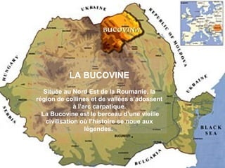 LA BUCOVINE
Située au Nord Est de la Roumanie, la
région de collines et de vallées s’adossent
à l’arc carpatique.
La Bucovine est le berceau d’une vieille
civilisation où l’histoire se noue aux
légendes.

 
