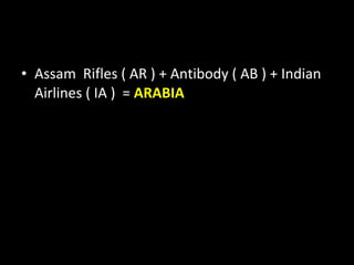Assam  Rifles ( AR ) + Antibody ( AB ) + Indian  Airlines ( IA )  =  ARABIA 