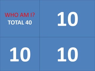 10WHO AM I?
TOTAL 40
10 10