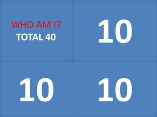 10WHO AM I?
TOTAL 40
10 10