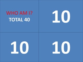 10WHO AM I?
TOTAL 40
10 10