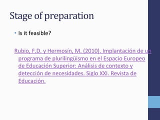 Stage'of'preparation'
•  Is(it(feasible?(
Rubio,(F.D.(y(Hermosín,(M.((2010).(Implantación(de(un(
programa(de(plurilingüismo(en(el(Espacio(Europeo(
de(Educación(Superior:(Análisis(de(contexto(y(
detección(de(necesidades.(Siglo(XXI.(Revista(de(
Educación.(
 