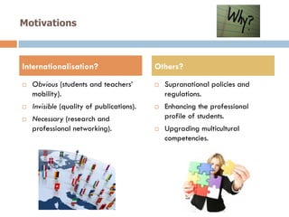 Motivations
!  Obvious (students and teachers’
mobility).
!  Invisible (quality of publications).
!  Necessary (research a...