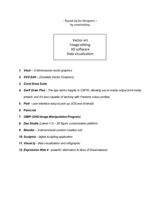 - Round-Up for Designers –
by creativebloq
Vector art
Image editing
3D software
Data visualization
1. Vectr – 2-dimensional vector graphics
2. SVG Edit – (Scalable Vector Graphics)
3. Coral Draw Suite
4. Serif Draw Plus - The app works happily in CMYK, allowing you to easily output print-ready
artwork and it's also capable of working with Pantone colour profiles.
5. Pixlr - user interface easy to pick up (iOS and Android)
6. Paint.net
7. GIMP (GNU Image Manipulation Program)
8. Daz Studio (Latest 4.5) - 3D figure customization platform
9. Blender – 3-dimensional content creation suit
10. Sculptris - digital sculpting application
11. Visual.ly - data visualization and infographic
12. Expression Web 4 - powerful alternative to likes of Dreamweaver
 