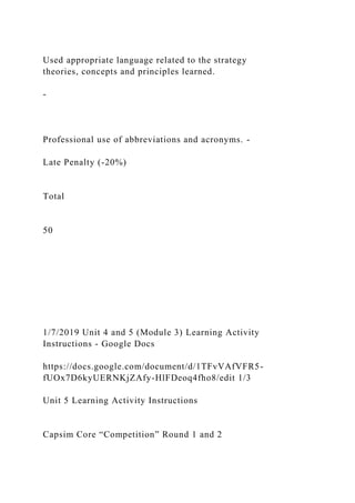 Used appropriate language related to the strategy
theories, concepts and principles learned.
-
Professional use of abbreviations and acronyms. -
Late Penalty (-20%)
Total
50
1/7/2019 Unit 4 and 5 (Module 3) Learning Activity
Instructions - Google Docs
https://docs.google.com/document/d/1TFvVAfVFR5-
fUOx7D6kyUERNKjZAfy-HlFDeoq4fho8/edit 1/3
Unit 5 Learning Activity Instructions
Capsim Core “Competition” Round 1 and 2
 