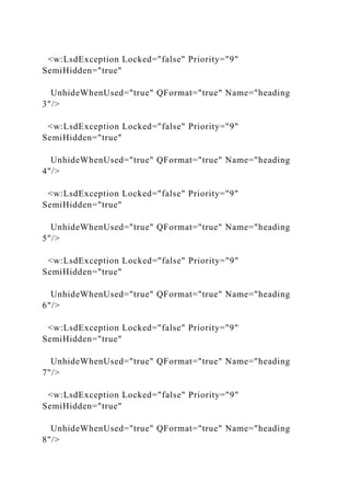 <w:LsdException Locked="false" Priority="9"
SemiHidden="true"
UnhideWhenUsed="true" QFormat="true" Name="heading
3"/>
<w:LsdException Locked="false" Priority="9"
SemiHidden="true"
UnhideWhenUsed="true" QFormat="true" Name="heading
4"/>
<w:LsdException Locked="false" Priority="9"
SemiHidden="true"
UnhideWhenUsed="true" QFormat="true" Name="heading
5"/>
<w:LsdException Locked="false" Priority="9"
SemiHidden="true"
UnhideWhenUsed="true" QFormat="true" Name="heading
6"/>
<w:LsdException Locked="false" Priority="9"
SemiHidden="true"
UnhideWhenUsed="true" QFormat="true" Name="heading
7"/>
<w:LsdException Locked="false" Priority="9"
SemiHidden="true"
UnhideWhenUsed="true" QFormat="true" Name="heading
8"/>
 