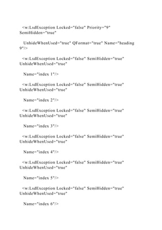 <w:LsdException Locked="false" Priority="9"
SemiHidden="true"
UnhideWhenUsed="true" QFormat="true" Name="heading
9"/>
<w:LsdException Locked="false" SemiHidden="true"
UnhideWhenUsed="true"
Name="index 1"/>
<w:LsdException Locked="false" SemiHidden="true"
UnhideWhenUsed="true"
Name="index 2"/>
<w:LsdException Locked="false" SemiHidden="true"
UnhideWhenUsed="true"
Name="index 3"/>
<w:LsdException Locked="false" SemiHidden="true"
UnhideWhenUsed="true"
Name="index 4"/>
<w:LsdException Locked="false" SemiHidden="true"
UnhideWhenUsed="true"
Name="index 5"/>
<w:LsdException Locked="false" SemiHidden="true"
UnhideWhenUsed="true"
Name="index 6"/>
 