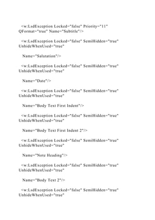 <w:LsdException Locked="false" Priority="11"
QFormat="true" Name="Subtitle"/>
<w:LsdException Locked="false" SemiHidden="true"
UnhideWhenUsed="true"
Name="Salutation"/>
<w:LsdException Locked="false" SemiHidden="true"
UnhideWhenUsed="true"
Name="Date"/>
<w:LsdException Locked="false" SemiHidden="true"
UnhideWhenUsed="true"
Name="Body Text First Indent"/>
<w:LsdException Locked="false" SemiHidden="true"
UnhideWhenUsed="true"
Name="Body Text First Indent 2"/>
<w:LsdException Locked="false" SemiHidden="true"
UnhideWhenUsed="true"
Name="Note Heading"/>
<w:LsdException Locked="false" SemiHidden="true"
UnhideWhenUsed="true"
Name="Body Text 2"/>
<w:LsdException Locked="false" SemiHidden="true"
UnhideWhenUsed="true"
 