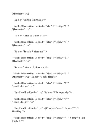 QFormat="true"
Name="Subtle Emphasis"/>
<w:LsdException Locked="false" Priority="21"
QFormat="true"
Name="Intense Emphasis"/>
<w:LsdException Locked="false" Priority="31"
QFormat="true"
Name="Subtle Reference"/>
<w:LsdException Locked="false" Priority="32"
QFormat="true"
Name="Intense Reference"/>
<w:LsdException Locked="false" Priority="33"
QFormat="true" Name="Book Title"/>
<w:LsdException Locked="false" Priority="37"
SemiHidden="true"
UnhideWhenUsed="true" Name="Bibliography"/>
<w:LsdException Locked="false" Priority="39"
SemiHidden="true"
UnhideWhenUsed="true" QFormat="true" Name="TOC
Heading"/>
<w:LsdException Locked="false" Priority="41" Name="Plain
Table 1"/>
 
