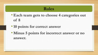 Rules
•Each team gets to choose 4 categories out
of 8
•10 points for correct answer
•Minus 5 points for incorrect answer or no
answer.
 