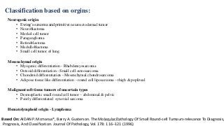 Classification based on orgins:
Neurogenic origin
• Ewing’s sarcoma and primitive neuroectodermal tumor
• Neuroblastoma
• Merkel cell tumor
• Paraganglioma
• Retinoblastoma
• Medulloblastoma
• Small cell tumor of lung
Mesenchymal origin
• Myogenic differentiation - Rhabdomyosarcoma
• Osteoid differentiation - Small cell osteosarcoma
• Chondroid differentiation - Mesenchymal chondrosarcoma
• Adipose tissue like differentiation - round cell liposarcoma – thigh & popliteal
Malignant soft tissue tumors of uncertain types
• Desmoplastic small round cell tumor – abdominal & pelvic
• Poorly differentiated synovial sarcoma
Hematolymphoid origin - Lymphoma
Based On: AIDAN P. Mcmanus*, Barry A. Gusterson. The Molecular Pathology Of Small Round-cell Tumours-relevance To Diagnosis,
Prognosis, And Classification. Journal Of Pathology, Vol. 178: 116--121 (1996)
Dr.Aldrin Jerry
 