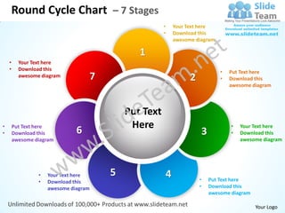 Round Cycle Chart – 7 Stages
                                                      •   Your Text here
                                                      •   Download this
                                                          awesome diagram

                                              1
    •     Your Text here
    •     Download this
                                                                                •   Put Text here
          awesome diagram          7                            2               •   Download this
                                                                                    awesome diagram



                                           Put Text
•       Put Text here
                               6            Here                                    •   Your Text here
•       Download this                                                   3           •   Download this
        awesome diagram                                                                 awesome diagram




                 •   Your Text here    5              4
                 •   Download this                                  •       Put Text here
                     awesome diagram                                •       Download this
                                                                            awesome diagram

                                                                                              Your Logo
 