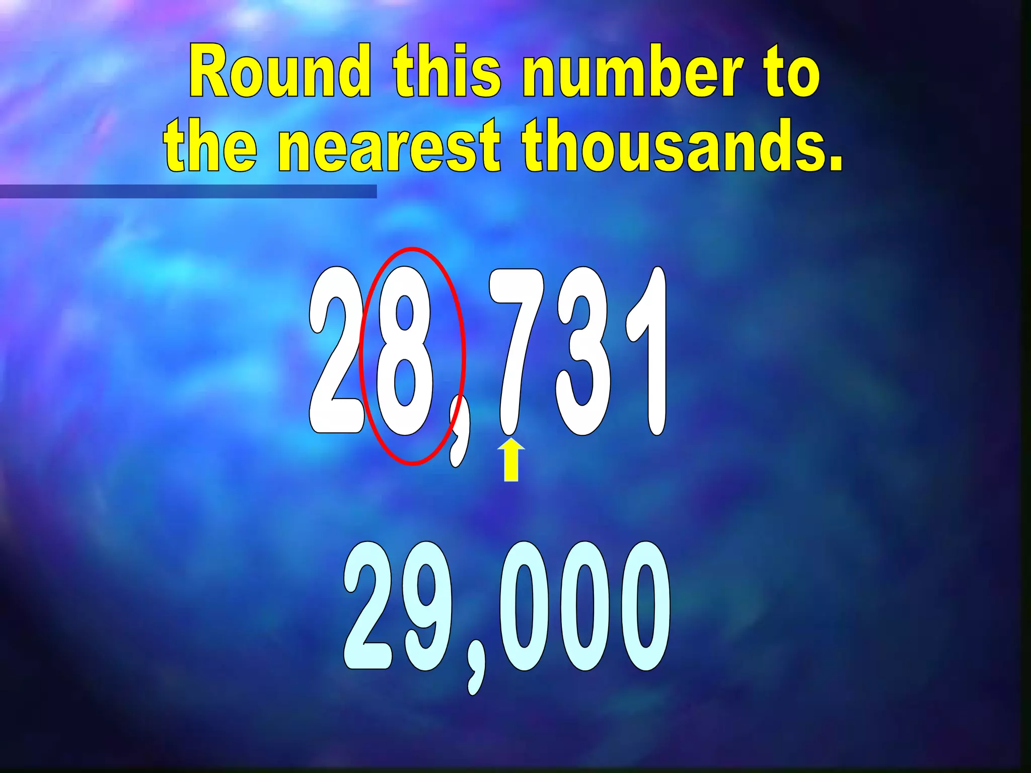 Round this number to the nearest thousands. 28,731 29,000 