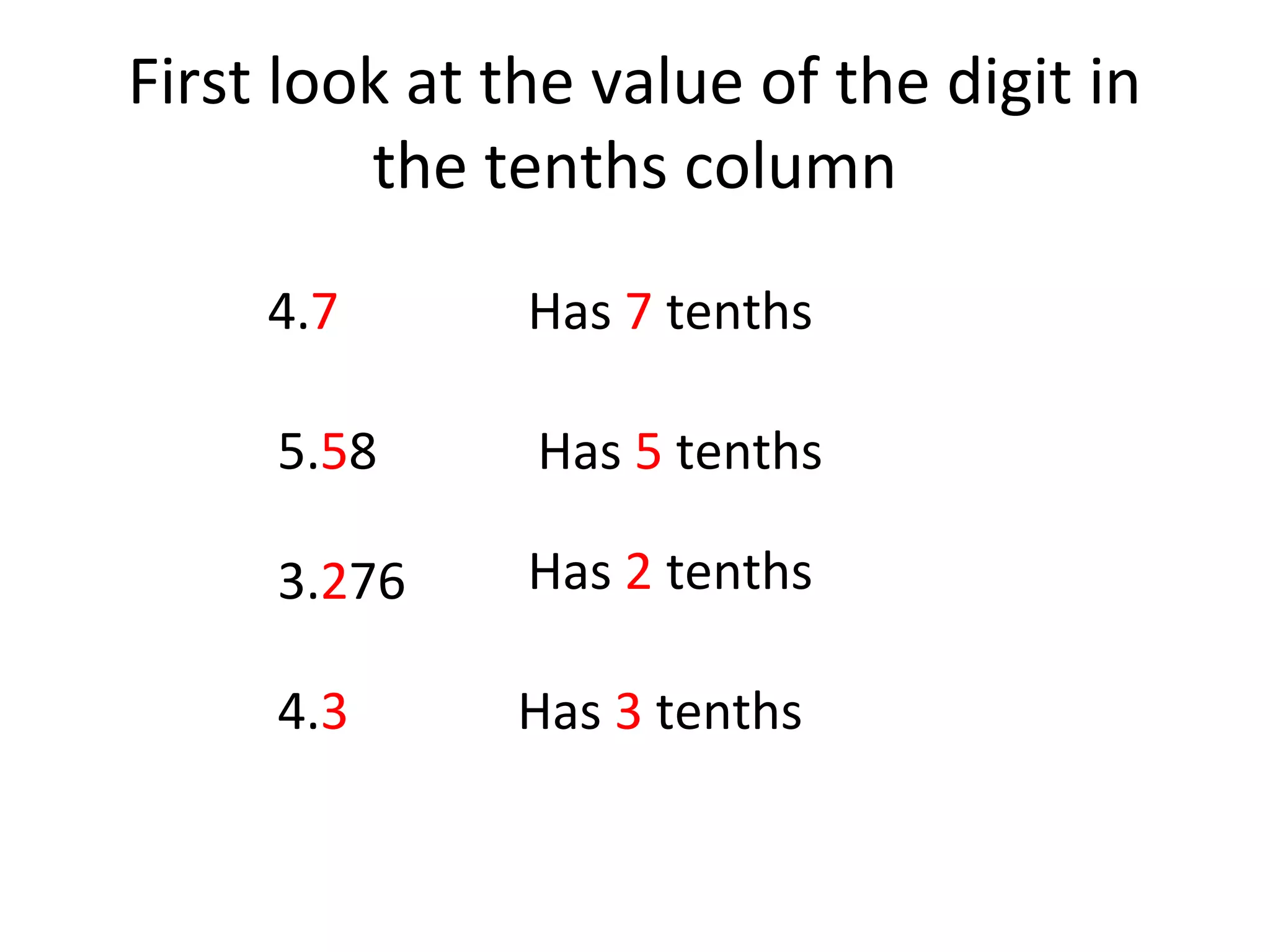 First look at the value of the digit in
the tenths column
4.7

Has 7 tenths

5.58

Has 5 tenths

3.276

Has 2 tenths

4.3

Has 3 tenths

 