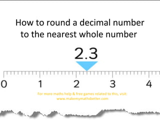 How to round a decimal number
to the nearest whole number

For more maths help & free games related to this, visit:
www.makemymathsbetter.com

 