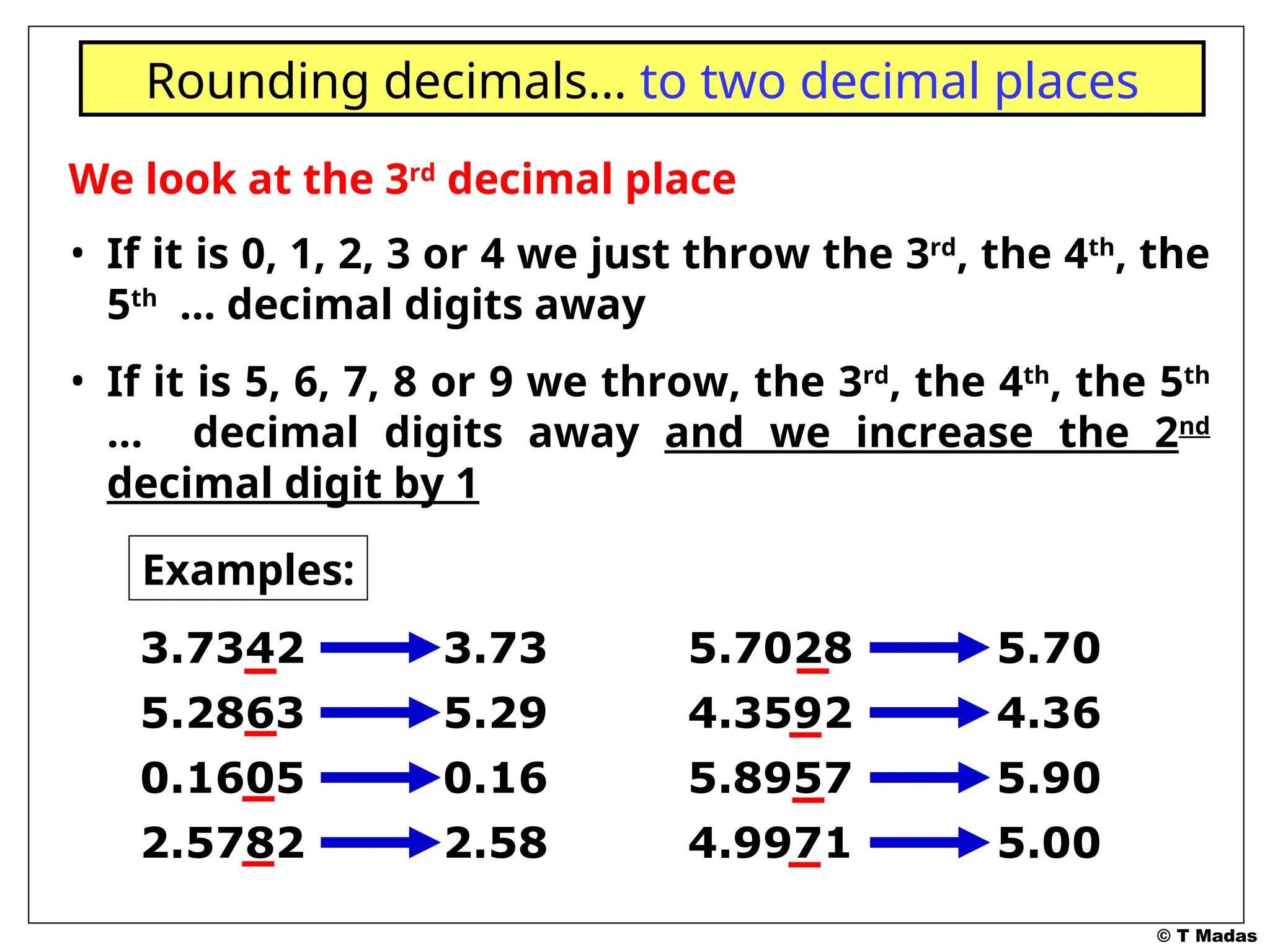 © T Madas
We look at the 3rd
decimal place
• If it is 0, 1, 2, 3 or 4 we just throw the 3rd
, the 4th
, the
5th
… decimal digits away
• If it is 5, 6, 7, 8 or 9 we throw, the 3rd
, the 4th
, the 5th
… decimal digits away and we increase the 2nd
decimal digit by 1
Rounding decimals… to two decimal places
Examples:
3.7342 3.73
5.2863 5.29
0.1605 0.16
2.5782 2.58
5.7028 5.70
4.3592 4.36
5.8957 5.90
4.9971 5.00
 