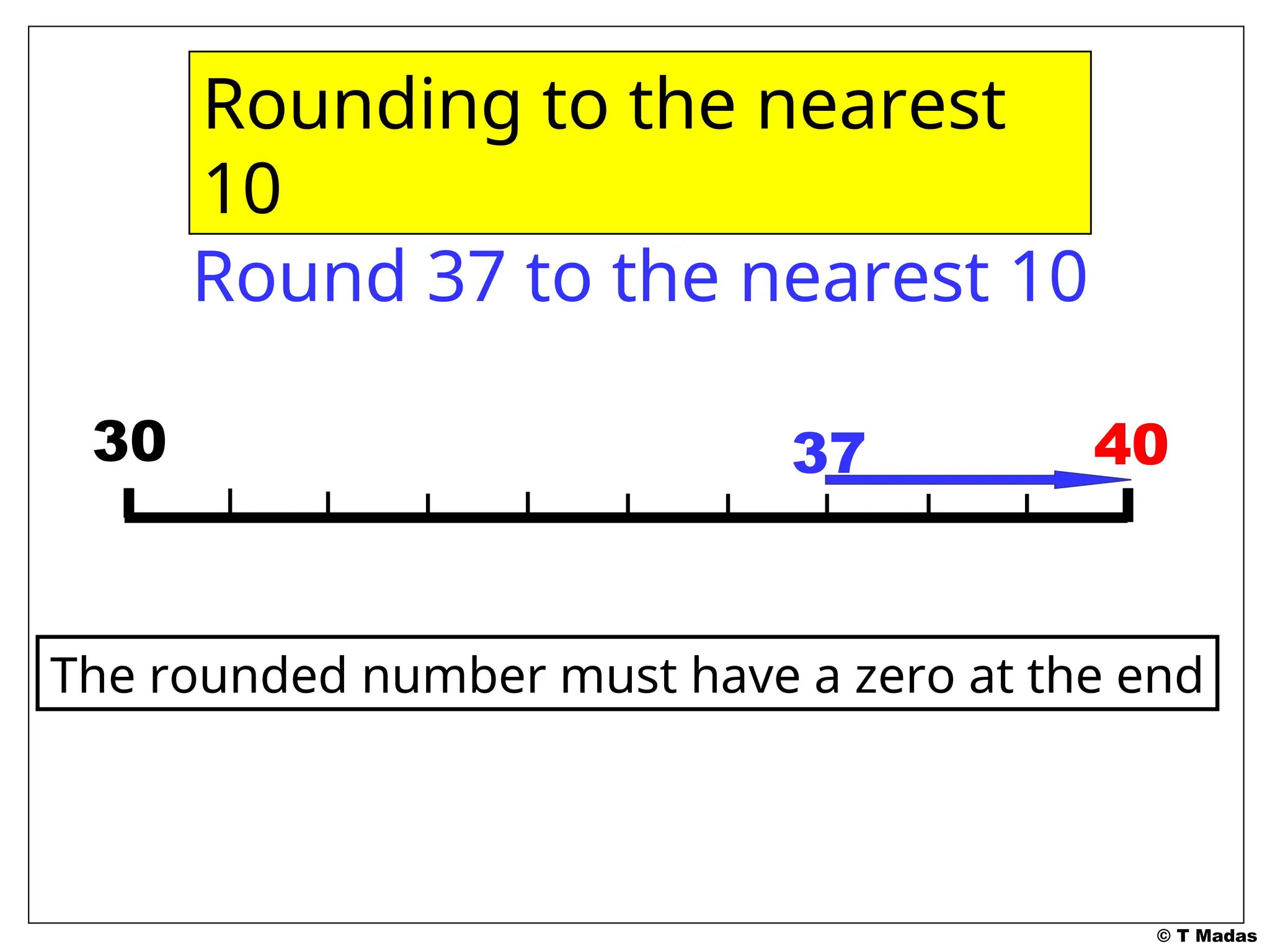 © T Madas
40
40
Rounding to the nearest
10
The rounded number must have a zero at the end
Round 37 to the nearest 10
30 37
 