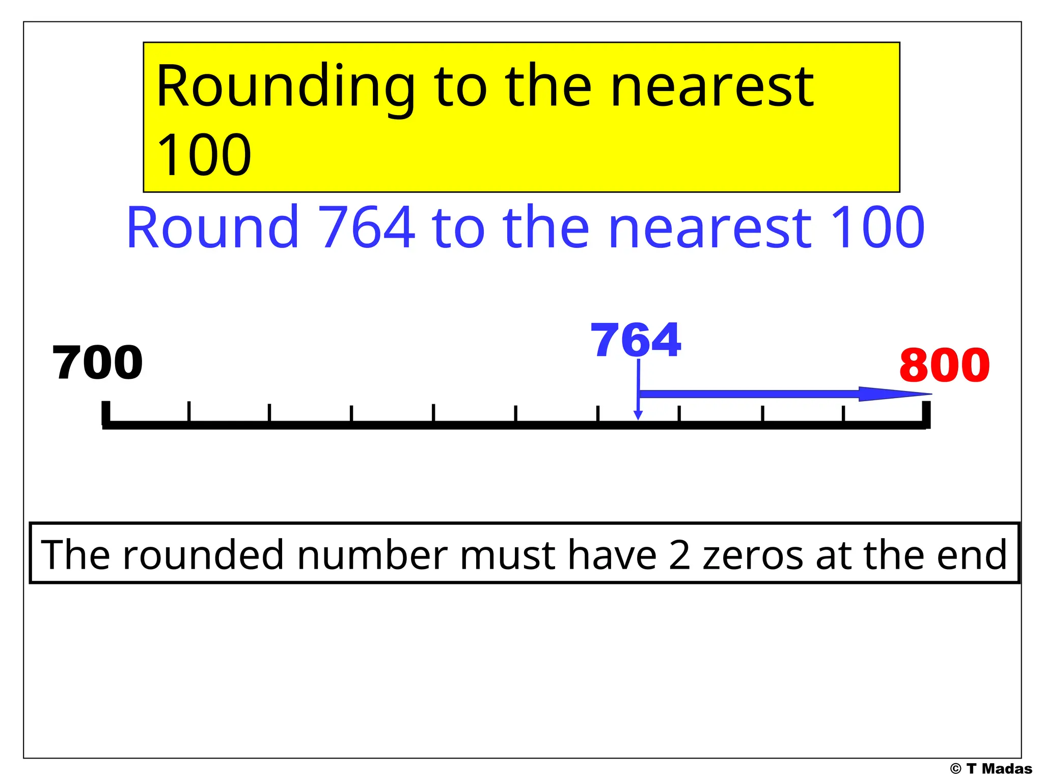 © T Madas
800
800
Rounding to the nearest
100
The rounded number must have 2 zeros at the end
Round 764 to the nearest 100
700 764
 