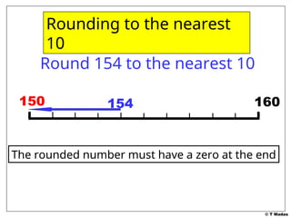 © T Madas
Rounding to the nearest
10
The rounded number must have a zero at the end
Round 154 to the nearest 10
160
150 154
150
 