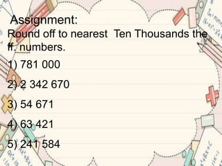 Assignment:
Round off to nearest Ten Thousands the
ff. numbers.
1) 781 000
2) 2 342 670
3) 54 671
4) 63 421
5) 241 584
 