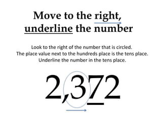 Move to the right,
underline the number
Look to the right of the number that is circled.
The place value next to the hundreds place is the tens place.
Underline the number in the tens place.
2,372
 