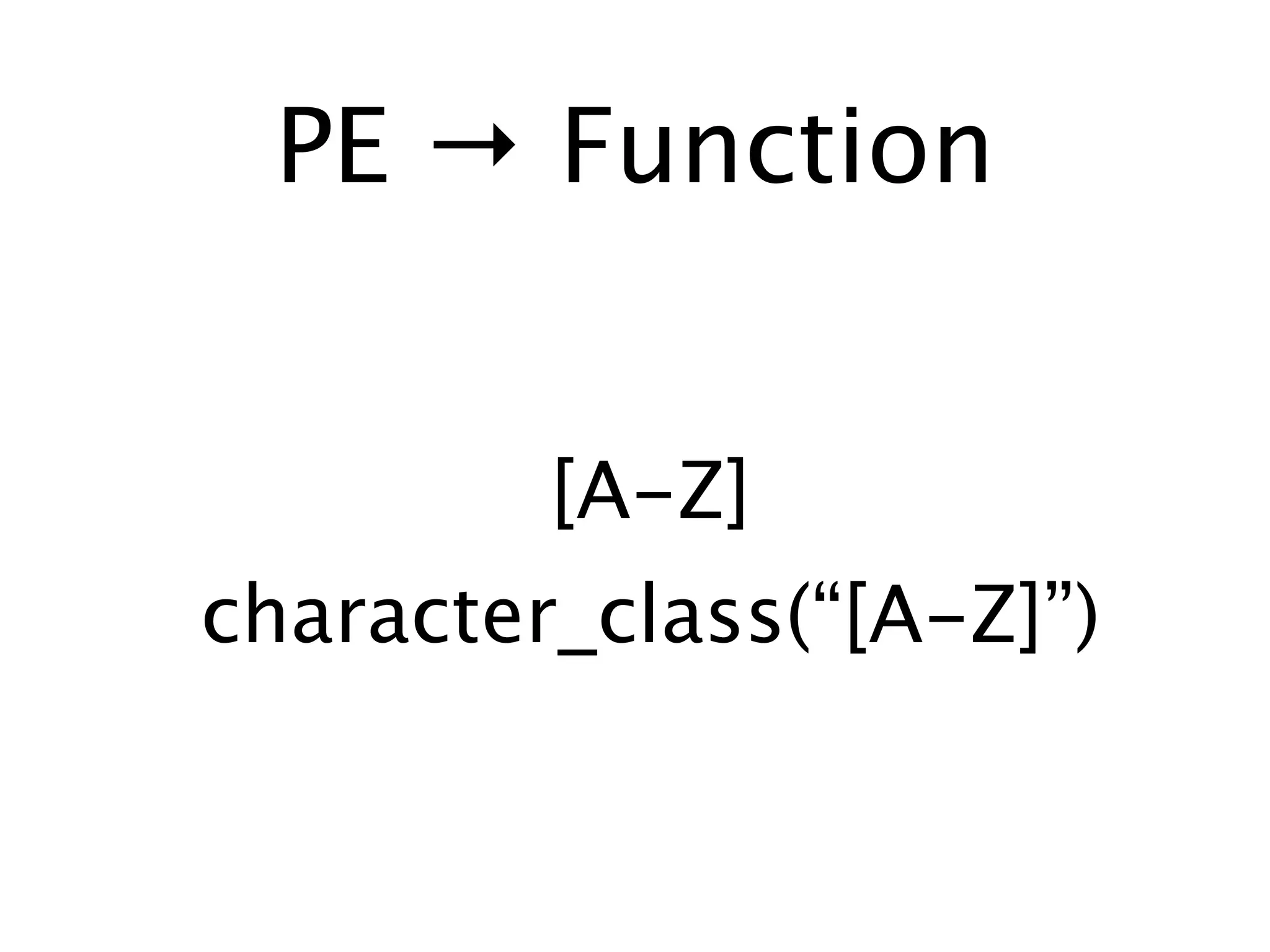 PE → Function


         [A-Z]
character_class(“[A-Z]”)
 