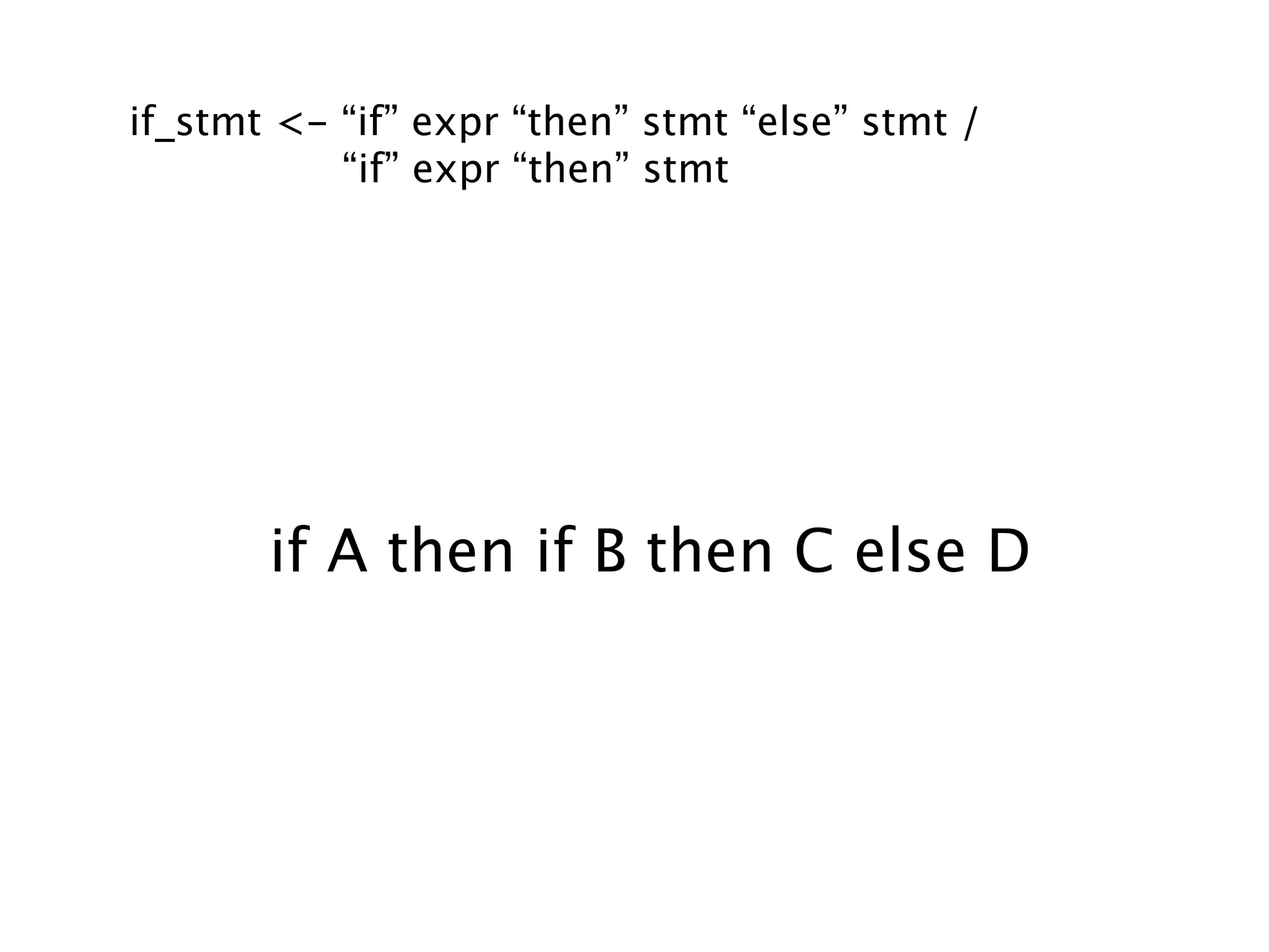 if_stmt <- “if” expr “then” stmt “else” stmt /
           “if” expr “then” stmt




       if A then if B then C else D
 