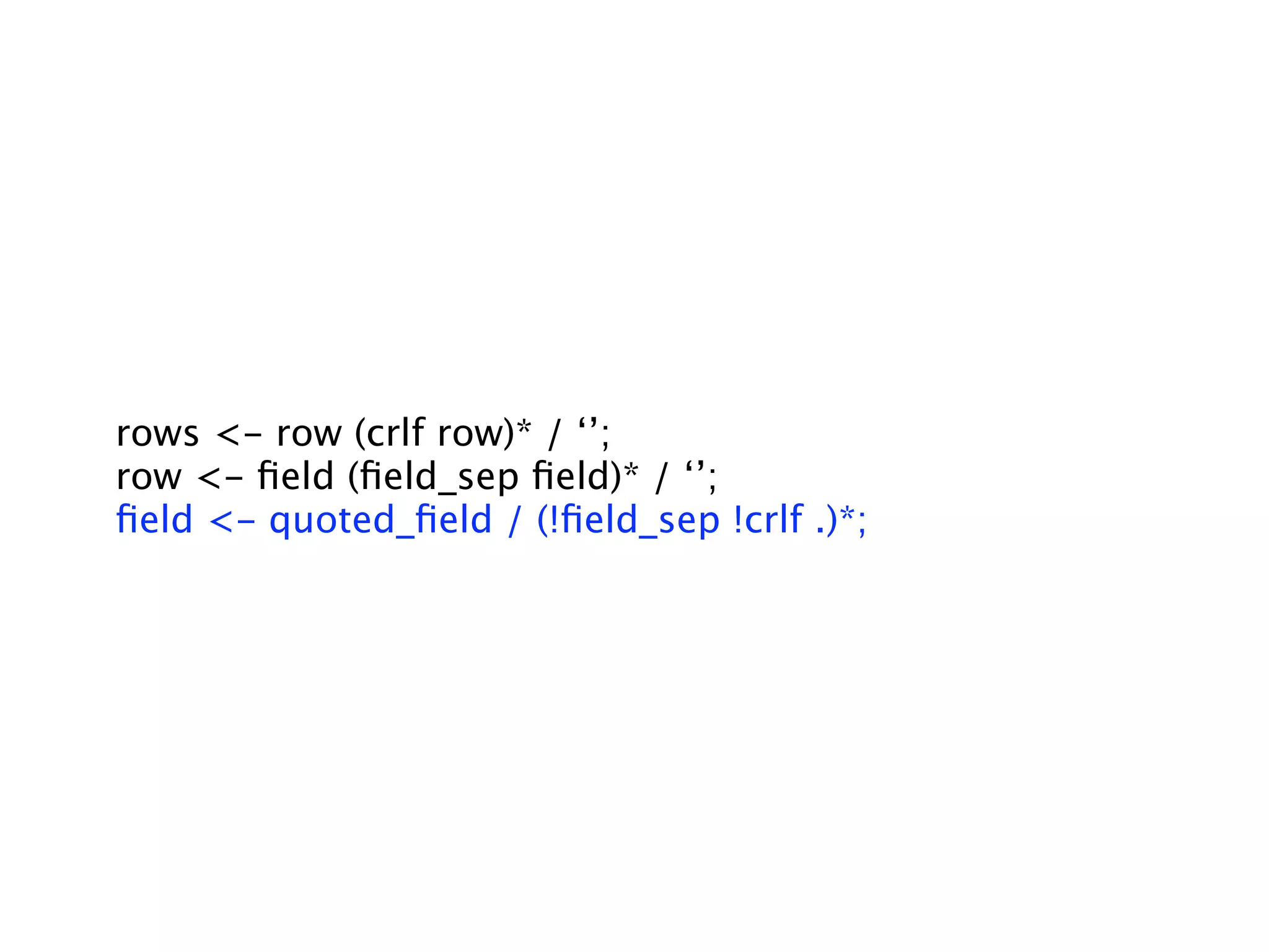 rows <- row (crlf row)* / ‘’;
row <- ﬁeld (ﬁeld_sep ﬁeld)* / ‘’;
ﬁeld <- quoted_ﬁeld / (!ﬁeld_sep !crlf .)*;
 