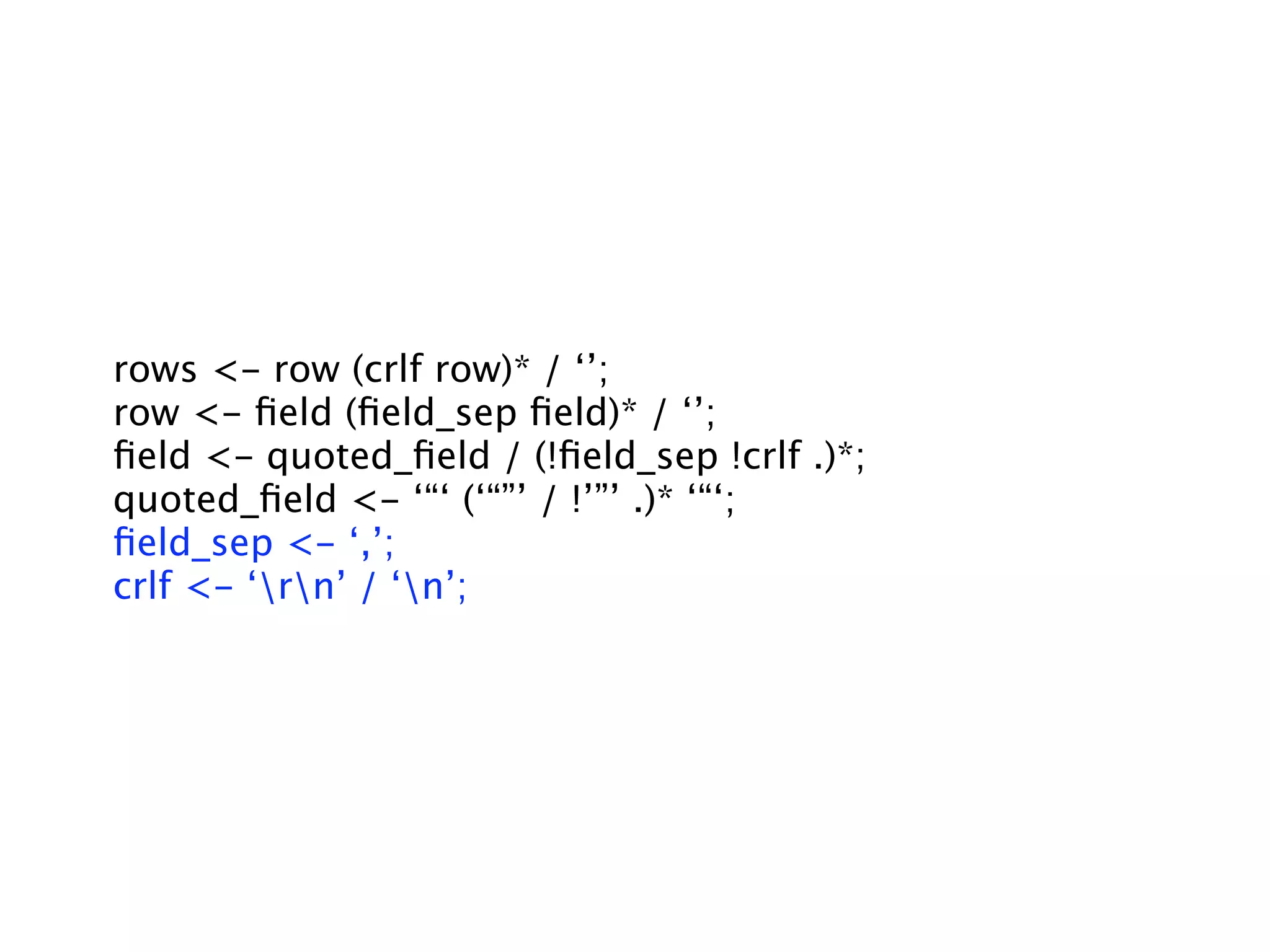 rows <- row (crlf row)* / ‘’;
row <- ﬁeld (ﬁeld_sep ﬁeld)* / ‘’;
ﬁeld <- quoted_ﬁeld / (!ﬁeld_sep !crlf .)*;
quoted_ﬁeld <- ‘“‘ (‘“”’ / !’”’ .)* ‘“‘;
ﬁeld_sep <- ‘,’;
crlf <- ‘rn’ / ‘n’;
 